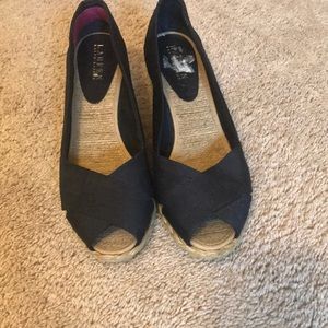 Lauren Ralph Lauren navy peeptoe espadrilles.